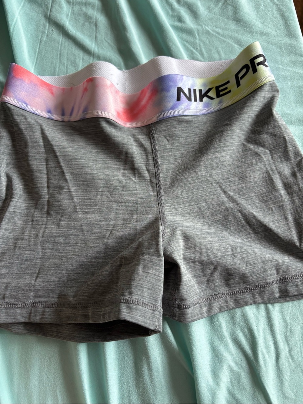 Nike Gray Bike Shorts with Pastel Tie-Dye Waistband